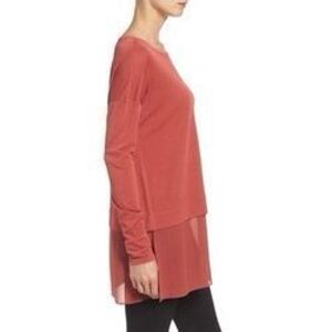 Eileen Fisher Womens  Stretch Silk Jersey Boxy Mixed Media Tunic Top Red Small